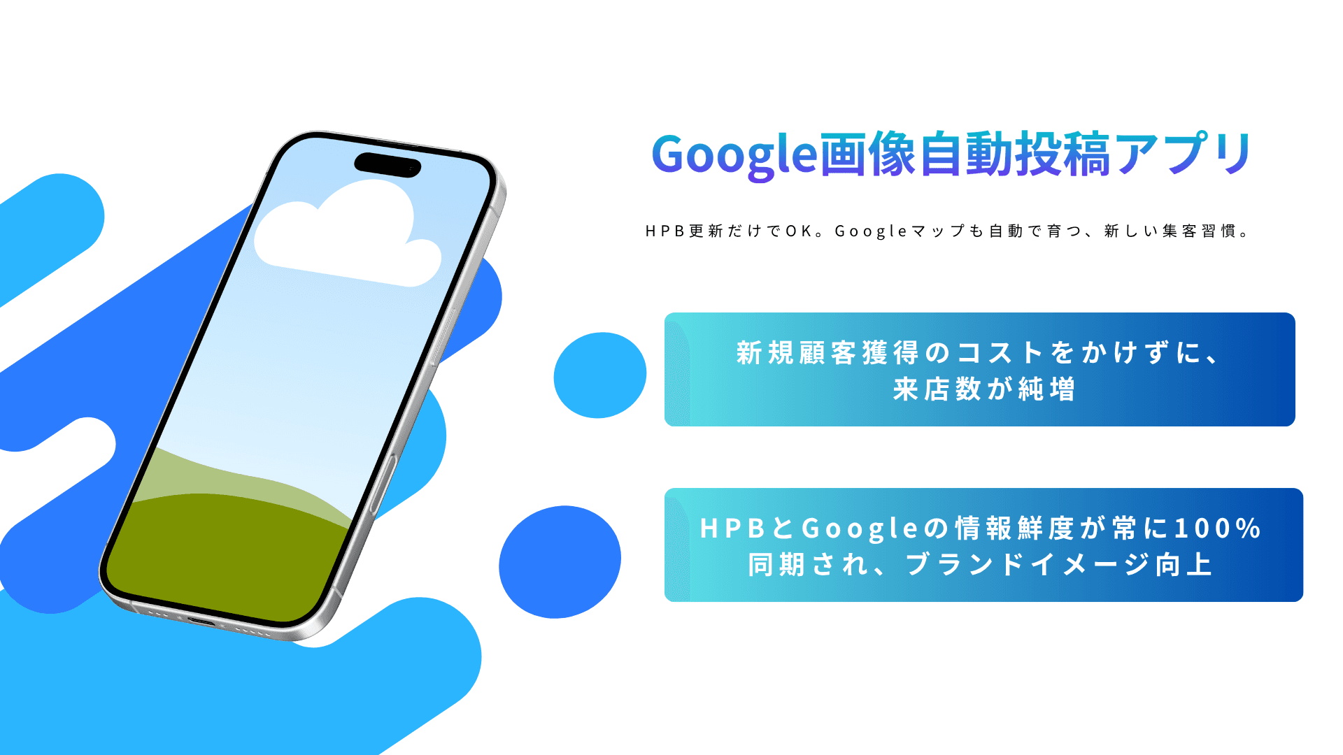 Google画像自動投稿アプリのタイトルページ。HPB更新だけでGoogleマップも育つ新しい集客習慣を提案し、来店数純増とブランドイメージ向上を謳っています。