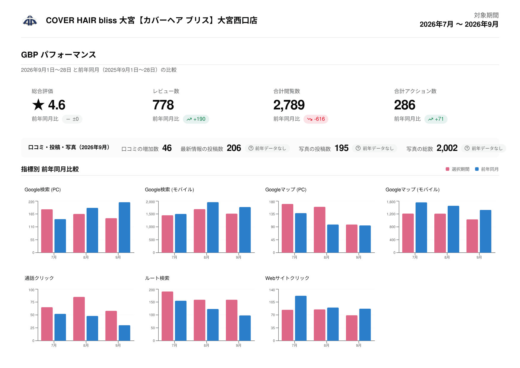 Googleレポート(PDF)の1ページ目。総合評価・レビュー数・閲覧数・アクション数と、指標別の前年同月比較グラフ